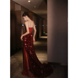 SOLVBAO Wine Red Toast Dress  New Bride Heavy Embroidery Sequins Engagement Dress Banquet Host Fishtail Suspender Dress