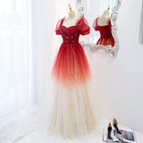 Solvbao Beautiful Gradient Red Tulle Beaded Puffy Sleeves Formal Dress, A-line Tulle Prom Dresses