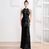 SOLVBAO Evening Dress Women's Elegant Light Luxury Goddess Fan High-End Noble Lady Banquet Party Long Slim Fishtail Dress