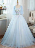 Solvbao Light Blue V-neckline Long Puffy Sleeves Party Dress, Blue Evening Gown