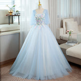 Solvbao Light Blue V-neckline Long Puffy Sleeves Party Dress, Blue Evening Gown