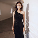 SOLVBAO Black Evening Dress Women's  New Banquet Temperament One-Shoulder Fishtail Host Dress Textured Dress/Night