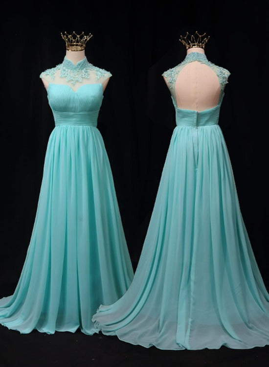 Solvbao Blue Chiffon Lace and Beaded Cap Sleeves Prom Party Dress, A-line Chiffon Formal Dress