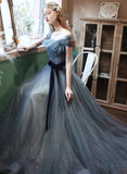 Solvbao Blue Off Shoulder Tulle Long Evening Dress, A-line Tulle Party Dresses