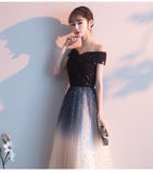 Solvbao Beautiful Black Off Shoulder Tulle Gradient Long Party Gown, Long Prom Dress