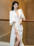 solvbao White Soft Satin Puffy Sleeves Wedding Party Dress, Beautiful White Prom Dress