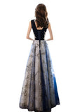 Solvbao A-line Navy Blue Tulle with Lace Long Party Dress, Navy Blue Floor Length Prom Dress