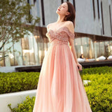 Solvbao Beautiful Pink Tulle Gradient Beaded Off Shoulder Party Dress, Pink Prom Gown