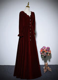 Solvbao Wine Red Velvet Long Sleeves Wedding Party Dress, A-line Velvet Prom Dress