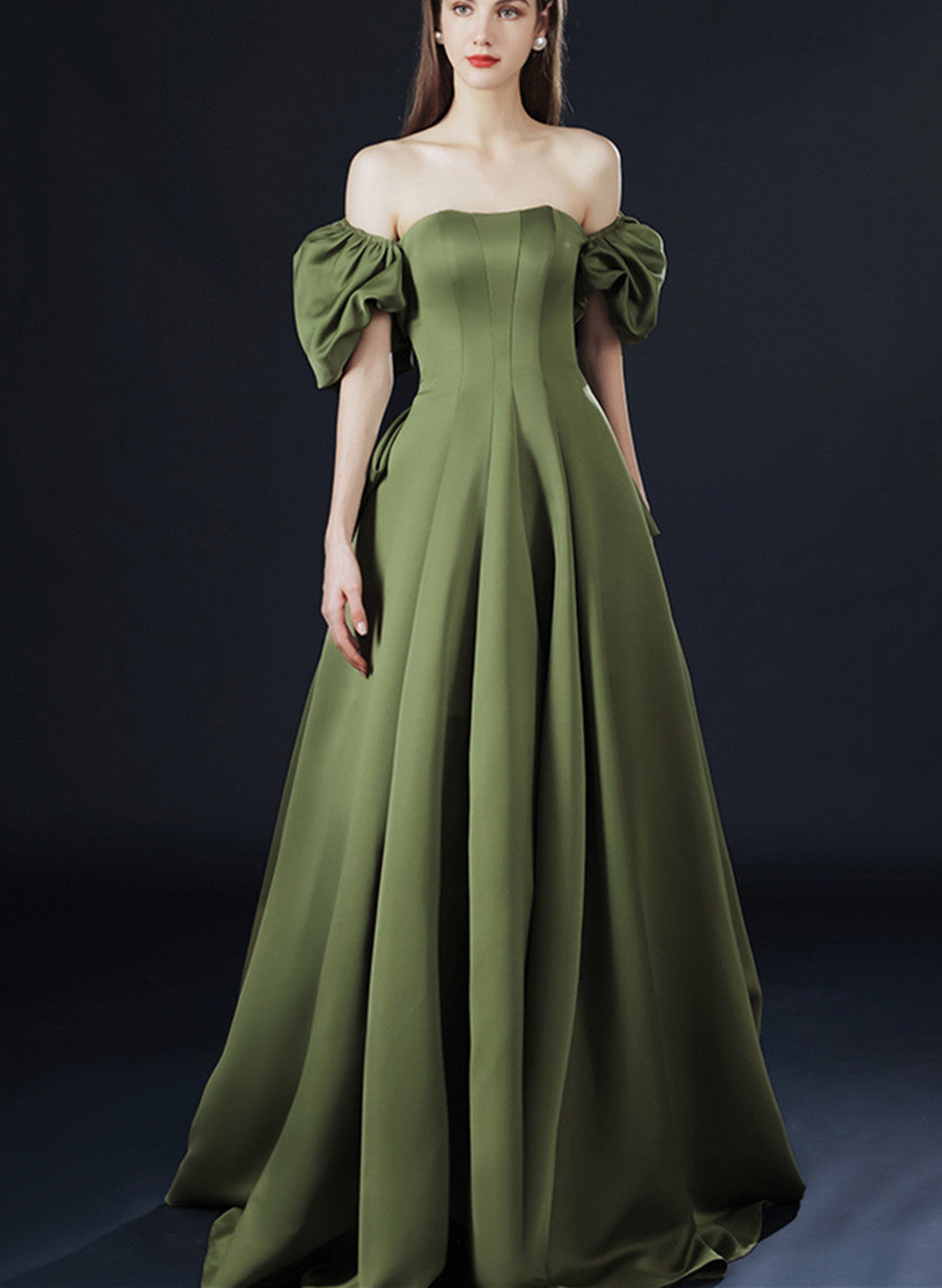 Solvbao Green Satin Long Party Dress with Short Sleeves, Green A-line Low Back Prom Dress