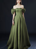 Solvbao Green Satin Long Party Dress with Short Sleeves, Green A-line Low Back Prom Dress