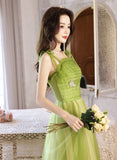 Solvbao Light Green A-line Straps Tulle Long Party Dress, Light Green Tulle Prom Dress