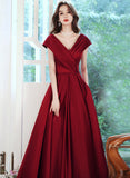 Solvbao Wine Red Satin V-neckline Floor Length Party Dress, Wine Red Satin Prom Dress