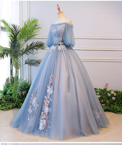 Solvbao Blue Tulle Floral Off Shoulder Princess Formal Dress, Blue Sweet 16 Dress, Prom Dress