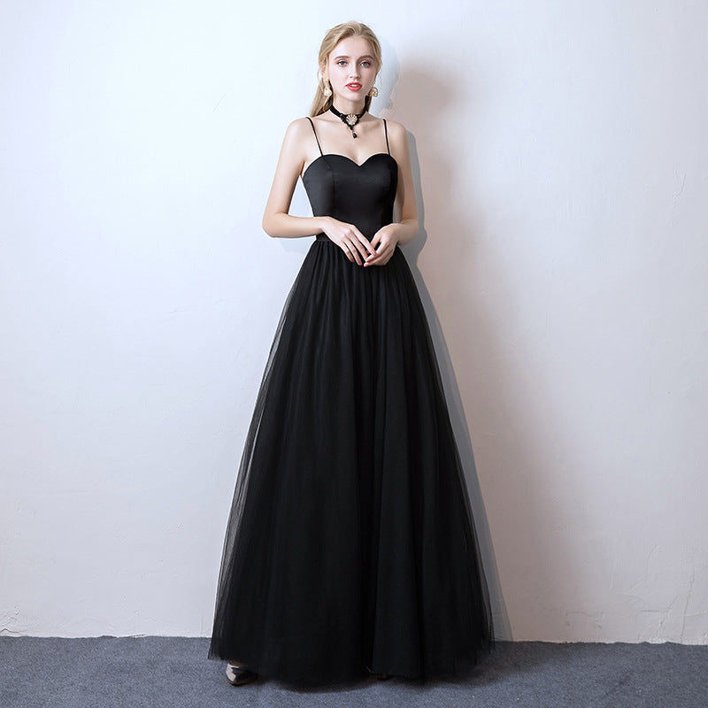 New Black Long Camisole Gown Dress Birthday Party Dress Banquet Host Performance Annual Party Evening Dress