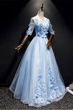 Solvbao Light Blue Short Sleeves with Lace Flowers Long Sweet 16 Dress, Blue Party Dresses