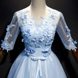 Solvbao Light Blue Short Sleeves with Lace Flowers Long Sweet 16 Dress, Blue Party Dresses