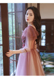 Solvbao Pink Gradient Tulle A-line Puffy Sleeves Party Dress, Pink Long Prom Dress