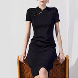 SOLVBAO Quality New Chinese Style Improved Cheongsam  New Stand Collar Temperament Waist-Controlled Slimming Knitted Dress