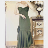 solvbao Green Satin Tea Length Sweetheart Party Dress, Green Satin Prom Dress Formal Dress