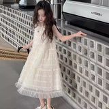 SOLVBAO Girls' Mesh Dress  Summer New Solid Color Strap Long Dress for Middle and Big Children Summer Beach Princess Dress