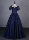 Solvbao Navy Blue Round Neckline Short Sleeves Tulle Party Dress, Navy Blue Long Prom Dress