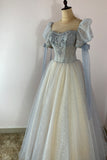 Solvbao Blue and Champagne Tulle Beaded Shiny Tulle Prom Dresses, A-line Long Party Dresses