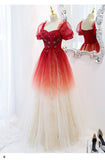 Solvbao Beautiful Gradient Red Tulle Beaded Puffy Sleeves Formal Dress, A-line Tulle Prom Dresses