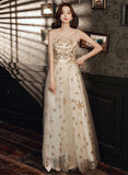 solvbao A-line Tulle Round Neckline Champagne Prom Dress, Champagne Evening Dress