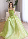 Solvbao Light Green A-line Straps Tulle Long Party Dress, Light Green Tulle Prom Dress