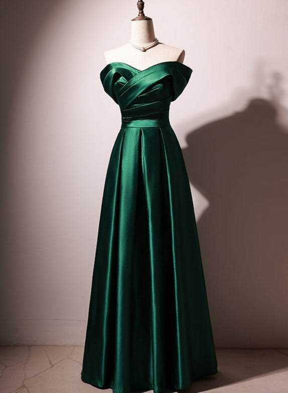 Solvbao Beautiful Green Satin A-line Off Shoulder Prom Dresses, Green Evening Dress Party Dresses