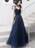 Solvbao Navy Blue Tulle Sweetheart A-line Long Formal Dress, Blue Prom Dress Party Dress