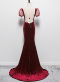 Solvbao Wine Red Mermaid Velvet with Short Sleeves Formal Dress, Wine Red Evening Dress