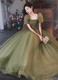 Solvbao Green Puffy Short Sleeves Tulle Prom Party Dress, Green Evening Dresses