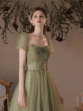 Solvbao A-line Green Off Shoulder Tulle Long Party Dress, Green Simple Floor Length Prom Dress