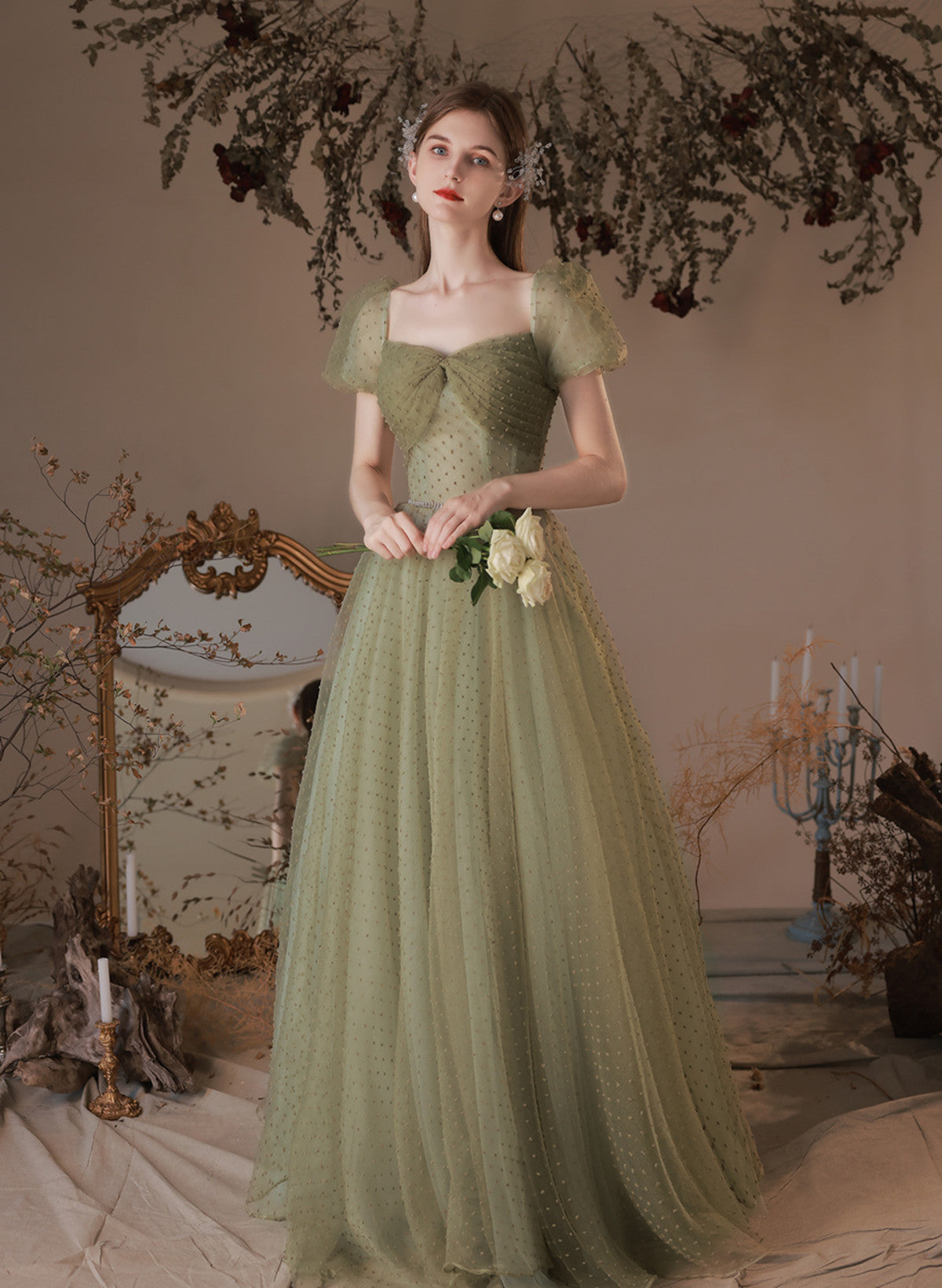 Solvbao A-line Green Off Shoulder Tulle Long Party Dress, Green Simple Floor Length Prom Dress