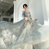 solvbao Charming Lace Light Blue V-neckline Long Prom Dress, A-line Formal Dress Evening Dress