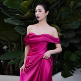 SOLVBAO Rose Red Toast Dress Bride Wedding Dragon Fruit Color Morning Gowns off-Shoulder Welcome Dress Ladies Banquet Evening Dress