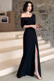 solvbao Black One Shoulder Slit Long Evening Dress, Black Formal Dress Prom Dress