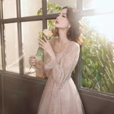 SOLVBAO Champagne Evening Dress for Women  New Art Exam Host  Style Long Sleeve Banquet Evening Dress