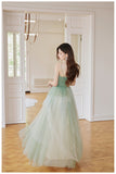 Solvbao Light Green Tulle Straps Long Party Dress, A-line Light Green Prom Dress