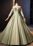 Solvbao Green Satin Off Shoulder Unique Long Party Dress, Green Satin Prom Dress