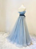 Solvbao Beautiful Blue Tulle Shiny Long Party Dress with Belt, A-line Blue Formal Dresses