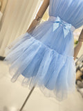 Solvbao Cute Short Blue Tulle Party Dress with Bow, Lovely Formal Dresses Homecoming Dress