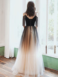 Solvbao Black V-neckline Tulle Gradient A-line Prom Dress, Black Floor Length Party Dress Evening Dress