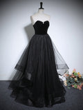 Solvbao Black Haler Tulle and Velvet Long Prom Dress, Black A-line Tulle Evening Dress