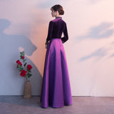 Solvbao Dark Purple Satin Long Sleeves Beaded Velvet Bridesmaid Dress, Purple Formal Dress