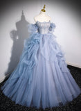 Solvbao Blue Tulle Beaded Off Shoulder New Style Prom Dress, Blue Sweet 16 Dress