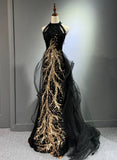 solvbao Black Halter A-line Tulle and Sequins Evening Dress, Black Long Prom Dress Party Dress