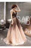 Solvbao Unique Tulle V-neckline Straps A-line Gradient Party Dress, Tulle Long Evening Dress Prom Dress